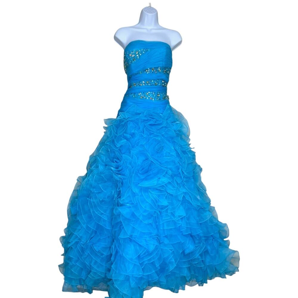 Blue Prom Dress Size L Princess Ball Gown Corset Beaded Sequin Tulle Strapless